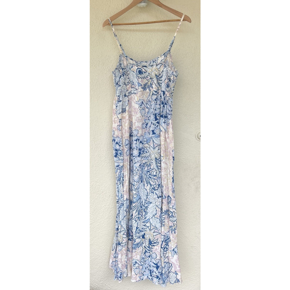 Free People Forever Yours Floral Maxi Dress M Blue Smocked Boho Fairy Vacation - Picture 11 of 14